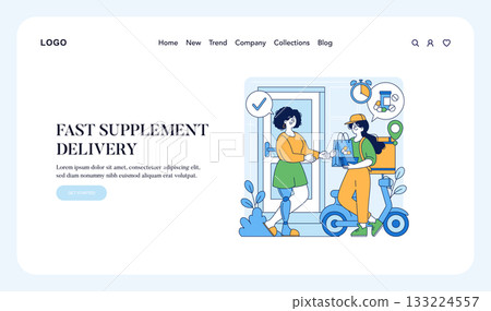 Vector illustration depicting a fast supplement delivery service. A delivery person hands a package to a recipient at the door. Emphasizes speed and convenience in online shopping. 133224557