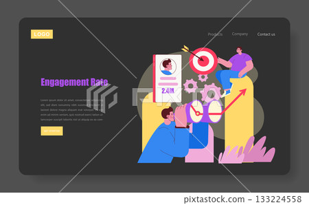 Vector illustration of individuals analyzing engagement rates using a target and graph. One person uses binoculars, while another interacts with gears and graphs, symbolizing data analysis. 133224558