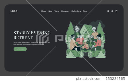 Vector illustration of friends enjoying a campfire under a starlit sky near a cabin in the woods. They are seated on logs, sharing warmth and drinks, creating a cozy atmosphere. 133224565