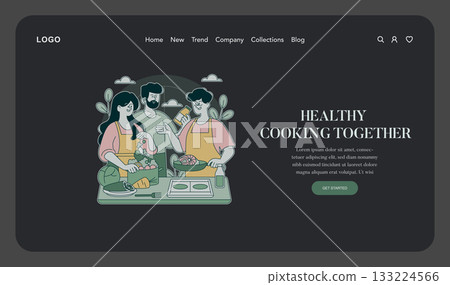 A family joyfully prepares a healthy meal together in the kitchen. The vector illustration shows them chopping vegetables and sharing smiles, emphasizing teamwork and togetherness. A family joyfully prepares a healthy meal together in the kitchen. The vector illustration shows them chopping vegetables and sharing smiles, emphasizing teamwork and togetherness. 133224566