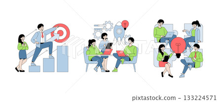 Vector illustration showing a business team collaborating on growth strategies. Individuals work on laptops, discuss ideas, and develop solutions, reflecting teamwork and innovation. 133224571