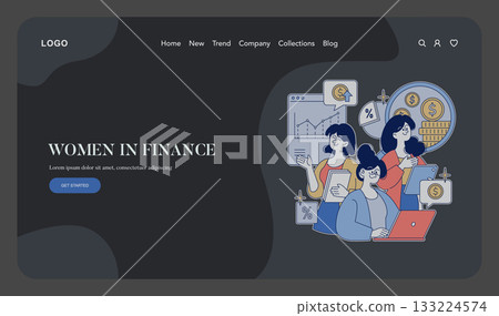 Vector illustration of women engaging with financial technology, highlighting teamwork in finance. Women are shown analyzing data and using digital devices to emphasize modern finance. 133224574