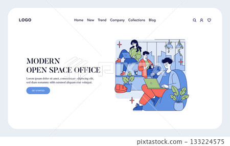Vector illustration of multiple people in a modern open space office working together on laptops. They are actively collaborating in a relaxed and innovative work environment. 133224575