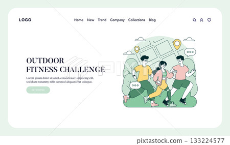 People joyfully jogging outdoors in a vector illustration promoting a fitness challenge. The scene captures an energetic and healthy lifestyle with participants in motion. 133224577