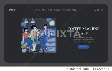 Vector illustration of three colleagues engaged in a lively conversation during a coffee break in an office setting. Features thought bubbles and a sleek interface design. 133224587