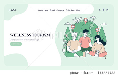 Vector illustration depicting wellness tourism. Three people meditating in nature, surrounded by trees and globe representation. Emphasizes relaxation and nature connection. 133224588