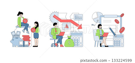 Vector illustration depicting financial challenges and savings strategies. Scenes show individuals interacting with money-saving tools, analyzing graphs, and managing expenses. Vector illustration depicting financial challenges and savings strategies. Scenes show individuals interacting with money-saving tools, analyzing graphs, and managing expenses. 133224599