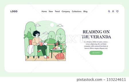 Vector illustration of a woman reading comfortably on a veranda. Surrounded by greenery and a cozy setup, she enjoys tranquility and relaxation. Ideal for lifestyle and leisure themes. 133224611