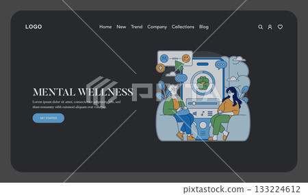 Vector illustration of a mental wellness theme with two people engaging in a therapy session. Digital elements, such as emojis and a brain diagram, highlight communication and mental health. 133224612