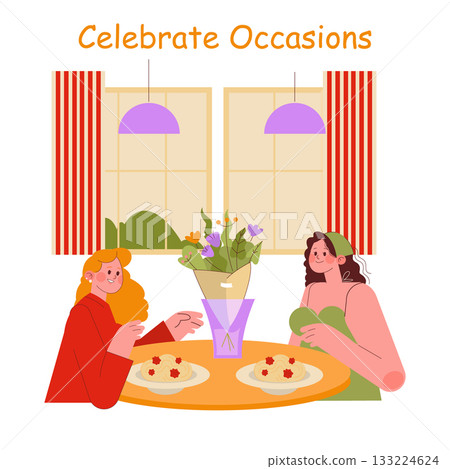 Vector illustration of two women sharing a meal together at a cozy dining table. The setting is warm and inviting, with colorful flowers and joyous expressions enhancing the celebratory mood. Vector illustration of two women sharing a meal together at a cozy dining table. The setting is warm and inviting, with colorful flowers and joyous expressions enhancing the celebratory mood. 133224624
