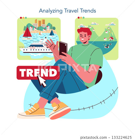 A person analyzes travel trends on a mobile device, surrounded by travel-themed illustrations. This vector illustration highlights modern technology in tourism, showcasing a relaxed atmosphere. 133224625
