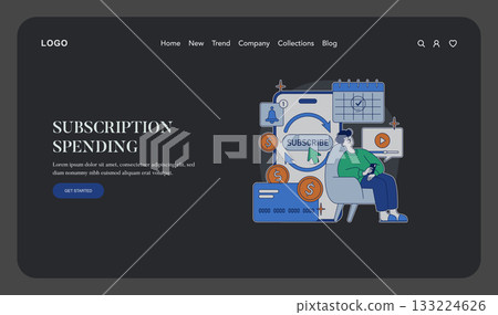 Vector illustration depicting a person sitting with a smartphone amid subscription-related symbols such as credit cards, coins, and a calendar, illustrating digital spending habits. 133224626