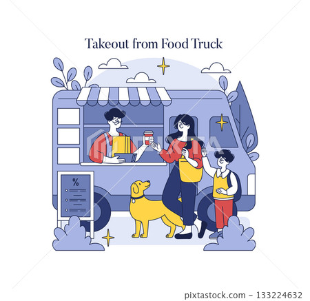 Vector illustration depicts a family with a child and dog joyfully receiving takeout from a friendly food truck vendor. The scene conveys a sense of happiness and community. 133224632
