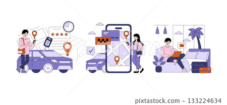 Vector illustration depicting individuals using a ride-sharing app. Scene includes a person with a smartphone waiting by a car and another using a laptop at home, showing technology in transportation. Vector illustration depicting individuals using a ride-sharing app. Scene includes a person with a smartphone waiting by a car and another using a laptop at home, showing technology in transportation. 133224634
