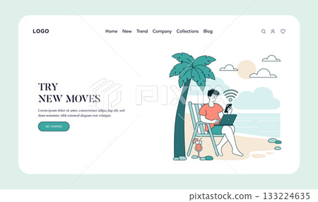 Vector illustration of a person working remotely on a beach. They are seated under a palm tree with a laptop and smartphone, illustrating a modern work-from-anywhere lifestyle. Vector illustration of a person working remotely on a beach. They are seated under a palm tree with a laptop and smartphone, illustrating a modern work-from-anywhere lifestyle. 133224635
