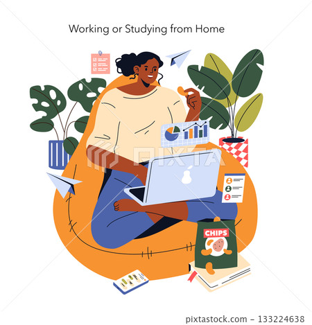 Vector illustration of a person using a laptop while seated on a bean bag in a cozy home environment, surrounded by plants and snacks, signifying remote work or study. 133224638