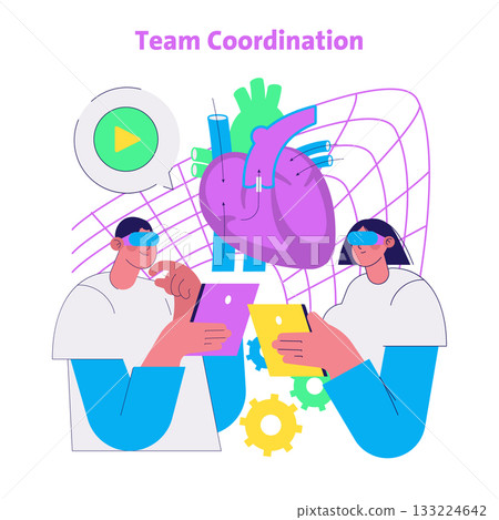 Vector illustration of two people using virtual reality devices for team coordination. They interact with digital interfaces and diagrams, emphasizing teamwork and technology. 133224642