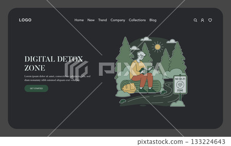 Vector illustration depicting a person enjoying a digital detox by reading outdoors in a forest. The scene features a bench, backpack, and a no Wi-Fi zone sign under a bright sun. Vector illustration depicting a person enjoying a digital detox by reading outdoors in a forest. The scene features a bench, backpack, and a no Wi-Fi zone sign under a bright sun. 133224643
