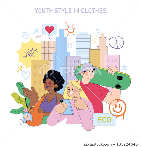 Vibrant vector illustration showcasing diverse youth expressing individual style with clothing, eco-friendly themes, and urban symbols against a colorful cityscape background. 133224646
