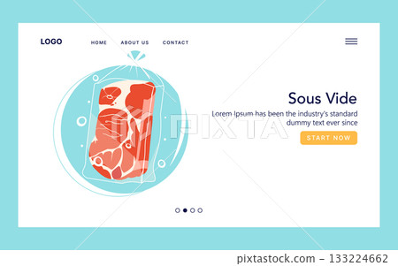 Vector illustration showcasing sous vide cooking. A piece of meat is sealed in a bag, submerged in water for even cooking. Ideal for culinary websites or educational content. 133224662