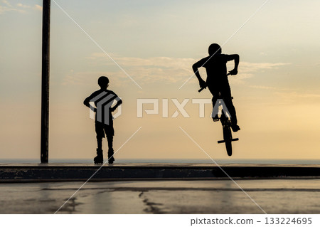 Freestyle cyclist practicing street BMX 133224695