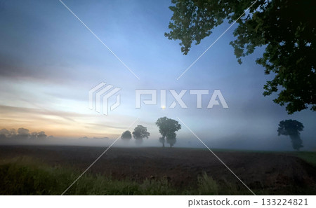 A Mist Shrouded Landscape at Dawn Where a Glimmering Moon Hangs Above the Horizon A Mist Shrouded Landscape at Dawn Where a Glimmering Moon Hangs Above the Horizon 133224821