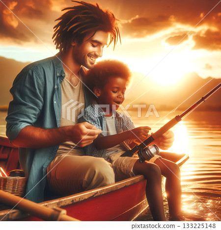 father and son fishing together sitting by the lake 133225148