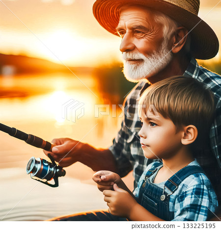 grandfather with grandson fishing on the river evening sunlight good mood smiles 133225195