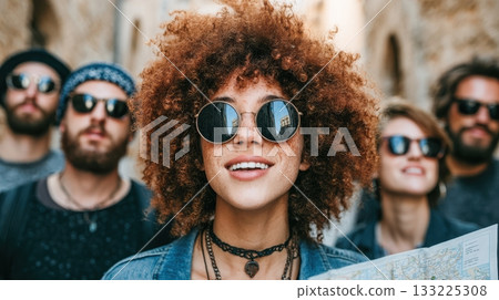 Group of friends exploring city streets with map and sunglasses on 133225308