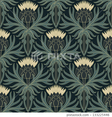 Art Nouveau pattern featuring ivory thistle flowers on a golden diamond background. Suitable for wallpaper, home decor, and fabrics. Art Nouveau pattern featuring ivory thistle flowers on a golden diamond background. Suitable for wallpaper, home decor, and fabrics. 133225446