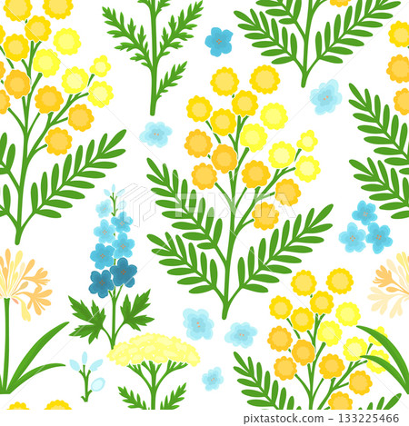 Seamless Spring Pattern with Sprig of Mimosa. March 8 Hand drawn and blue wildflowers. Not AI, vector illustration. 133225466