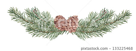 Watercolor fir branches with pine cones. Hand drawn watercolor illustration of fir branches with pine cones. Perfect for Christmas design, winter decoration, invitations, cards, and natural 133225468