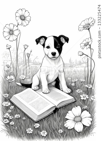 Cute puppy reading a book in the park coloring page. printable page for preschool kid 133225474