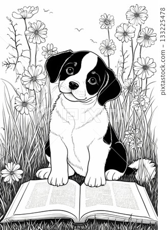 Cute puppy reading a book in the park coloring page. printable page for preschool kid 133225478