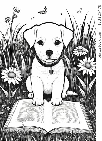 Cute puppy reading a book in the park coloring page. printable page for preschool kid 133225479