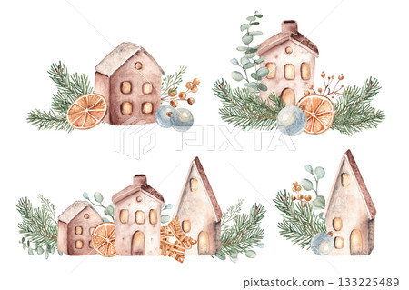 Christmas Watercolor Compositions set. Ceramic houses with Fir Branches, orange and eucalyptus. Cozy home decoration in Scandinavian style. Hand drawn illustrations isolated on a background. For Christmas Watercolor Compositions set. Ceramic houses with Fir Branches, orange and eucalyptus. Cozy home decoration in Scandinavian style. Hand drawn illustrations isolated on a background. For 133225489