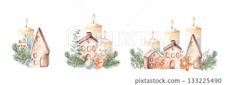 Watercolor Christmas Advent Compositions set. First, second and third Advent. Candles with Ceramic houses in Fir Branches and eucalyptus. Orange slice and wicker toys. Cozy home decoration in Watercolor Christmas Advent Compositions set. First, second and third Advent. Candles with Ceramic houses in Fir Branches and eucalyptus. Orange slice and wicker toys. Cozy home decoration in 133225490