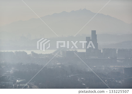 Smog and yellow dust pollution covering cityscape of Seoul, capital of South Korea 133225507