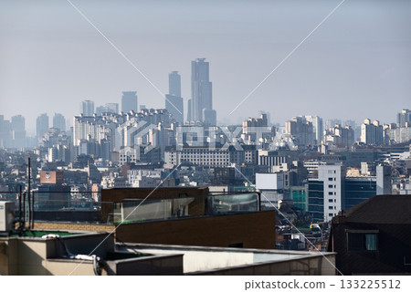 Smog and yellow dust pollution covering cityscape of Seoul, capital of South Korea 133225512