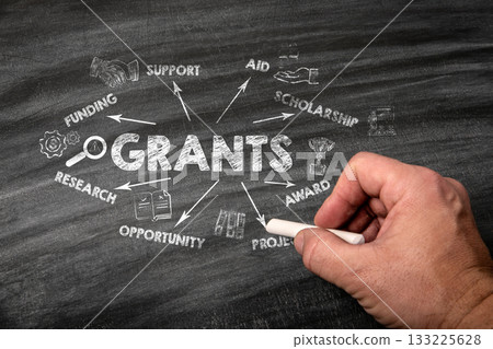 Grants Concept. Black scratched textured chalkboard background 133225628