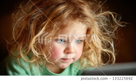 Young child with curly hair focused on screen in cozy indoor setting 133225692