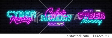 Set of three glowing Cyber Monday neon signs in different styles on a dark brick background, perfect for online sale banners and digital promotions. Vector illustration 133225957