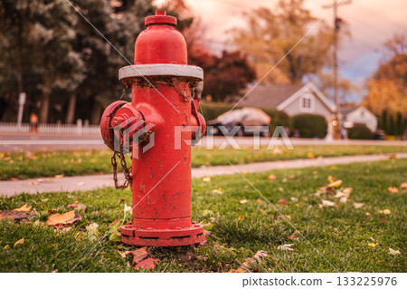 Red fire hydrant on a quiet suburban street in the USA during autumn, surrounded by green grass and fallen leaves at sunset. Red fire hydrant on a quiet suburban street in the USA during autumn, surrounded by green grass and fallen leaves at sunset. 133225976