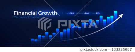 Financial analytics business growth chart digital background, blue rising bars, increase arrow and candlesticks concept for fintech, market trends, predictive investment insights. Vector illustration. Financial analytics business growth chart digital background, blue rising bars, increase arrow and candlesticks concept for fintech, market trends, predictive investment insights. Vector illustration. 133225997