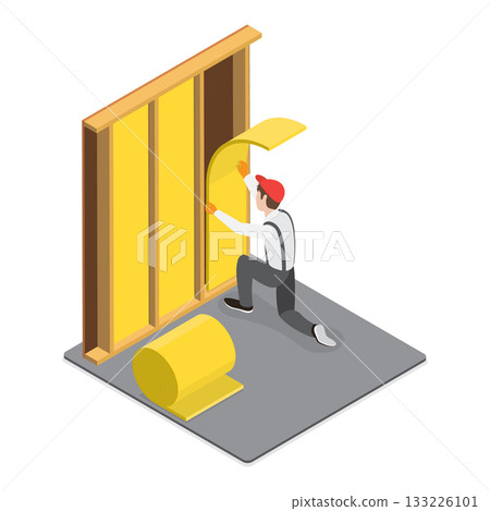 3D Isometric Flat Vector Illustration of Spray Foam Insulation, Construction Service, House Renovation. Item 2 133226101