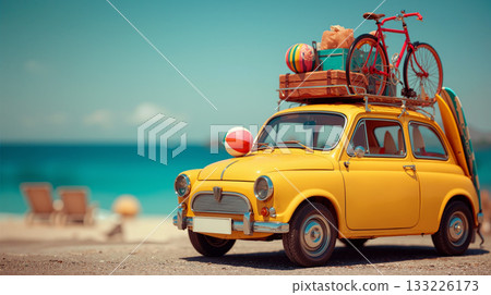 Classic yellow car parked near the beach with bikes, beach balls, and surfboards on top under a clear blue sky 133226173