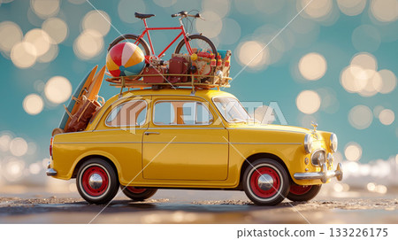 Classic yellow car parked by the beach with a bicycle and summer gear on the roof 133226175
