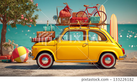 Classic yellow car parked near the beach with summer items and a bicycle on the roof 133226182