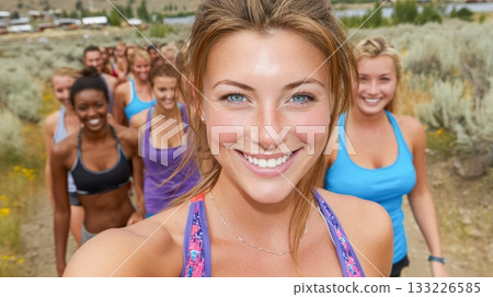 Group of women smiling while hiking on a sunny day in nature 133226585