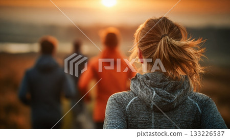 Group of runners enjoying sunset jog on scenic outdoor trail Group of runners enjoying sunset jog on scenic outdoor trail 133226587